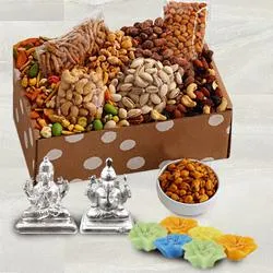 Special Gift Box of Dried Fruits n Gourmet Silver Plated Ganesh Lakshmi Idol  N  Wax Diya