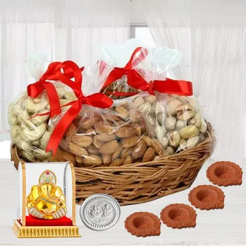 Special Basket of Premium Dry Fruits for Diwali with Ganesh Idol 4 Diya n Free Coin