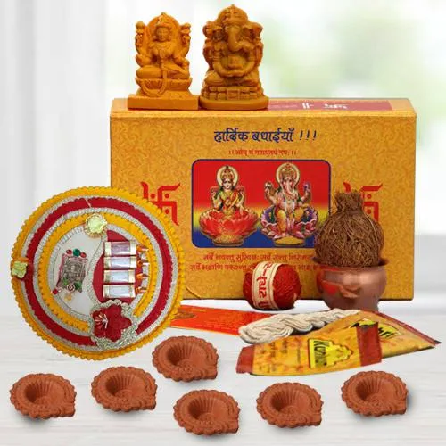 Exceptional Gift Box of Ganesh Laxmi Idol Diwali Pooja Samagri Pooja Thali n Diya