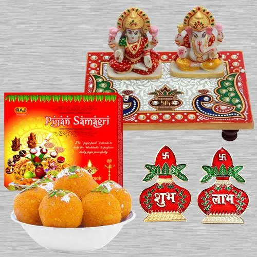Auspicious Diwali Pooja Special Laxmi Ganesh Ji Marble Choki Pooja Sanmgri Boondi Ladoo Subh Labh Sticker