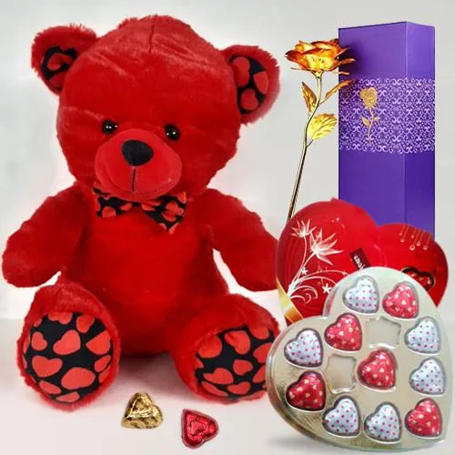 Exclusive Propose Day Gift of Teddy with Heart Shape Chocolates n Golden Rose