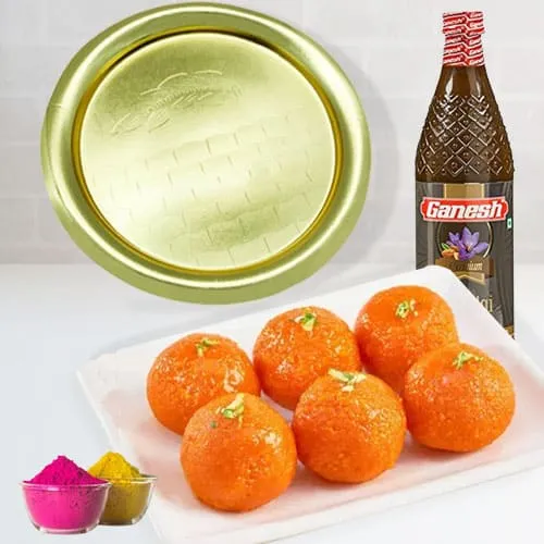 Traditional Gold Plated Thali with Haldirams Ghee Laddu n Thandai for Holi
