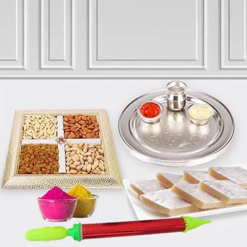 Wonderful Puja Thali with Dry Fruits n Haldirams Kaju Katli