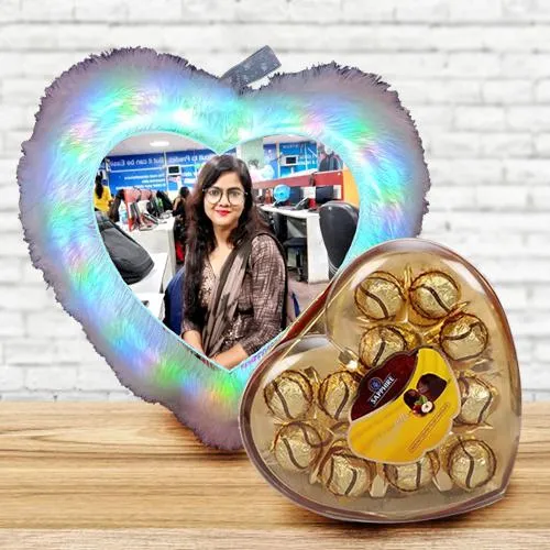 Brilliant Personalized LED Heart Fur Cushion with Sapphire Chocolates