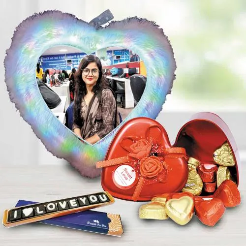 Excellent Personalized LED Heart Fur Cushion n Chocolates Combo