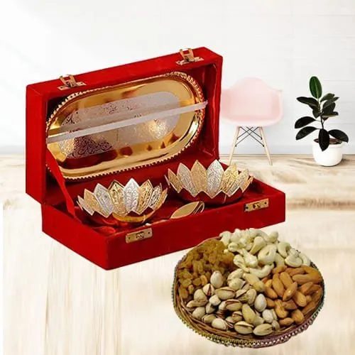 Classy Gift of Silver Bowl Set with Tasty Dry Fruits