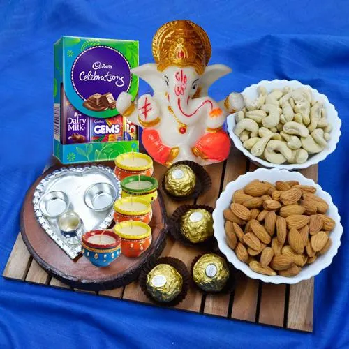 Appealing Present of Puja Thali Dry Fruits Chocolates N More
