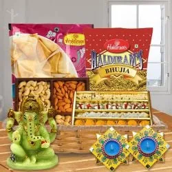 Awesome Diwali Sweet n Snacks Gift Basket with Handmade Dot Mandala Art Diya