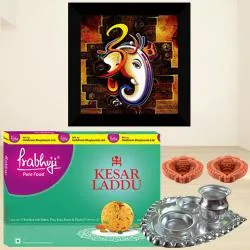 Ideal Paan Shape Pooja Thali with Lord Ganesha UV Frame Painting Sweets n Diya