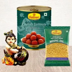 Cool Hand Carved Baby Krishna Resin Sculpture with Haldiram Snacks n Sweets