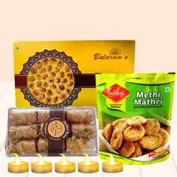Lovely Diwali Combo of Assorted Sweets n Snacks Free LED Tea Light Candles