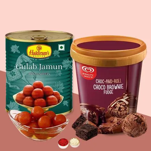 Classy Kwality Walls Chocolate Fudge Ice Cream with Haldirams Gulabjamun