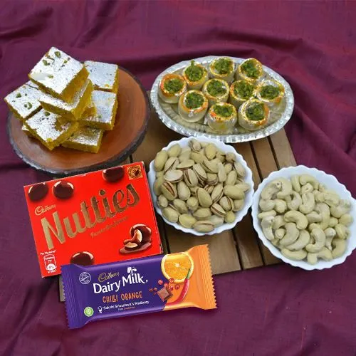 Classy Gift of Haldiram Sweets Cadbury Chocolates n Dry Fruits
