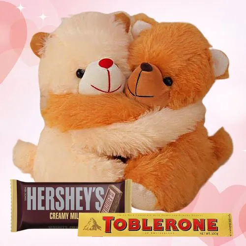 Cute Hugging Teddy Pair with Exotic Chocolates Duo