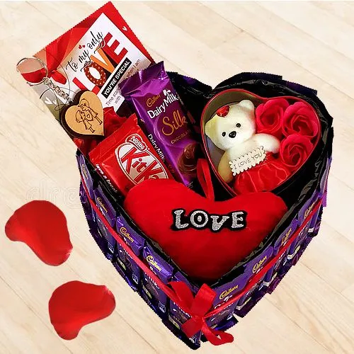 Lipsmacking Mixed Chocolates n Art Roses with Teddy n Hearty Cushion with Love Card