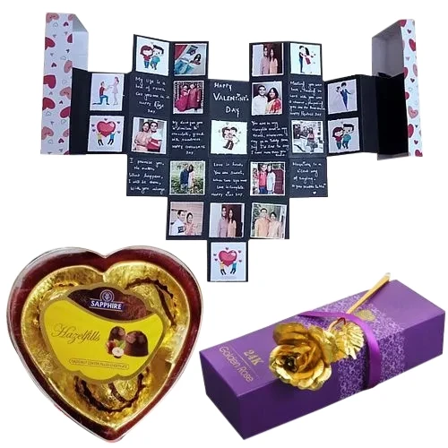 Expressive Personalized PopOut Heart Maze Card with Sapphire Chocolates n Golden Rose