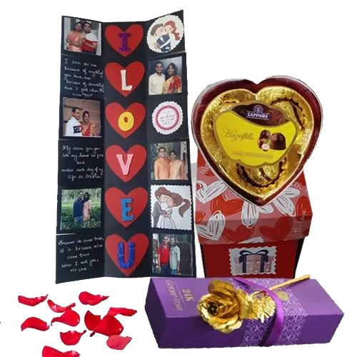 Awesome Gift of Personalized Explosion Card with Heart Shape Sapphire Chocolates n Golden Rose