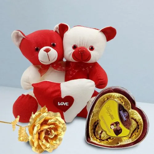 Magical Gift of Twin Combo Teddy with Sapphire Chocolates n Golden Rose