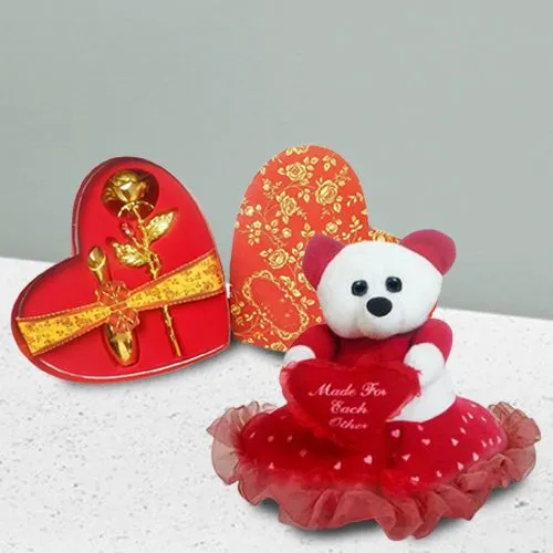 Spectacular Combo of Heart Teddy n Golden Rose