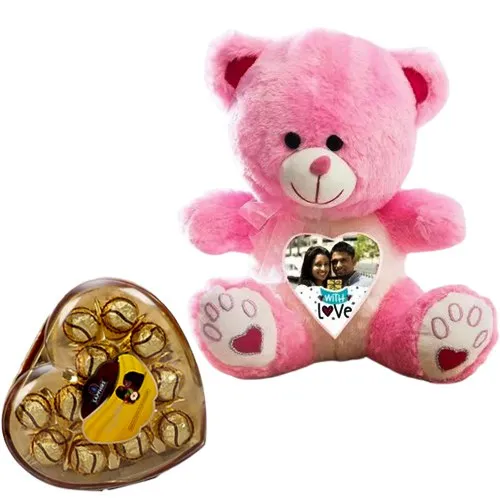 Enigmatic Personalized Photo Teddy with Sapphire Hazelfills Chocolate Box