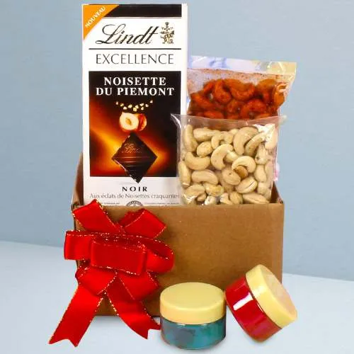 Remarkable Box of Lindt Chocolates with Masala Nuts n Free Herbal Gulal