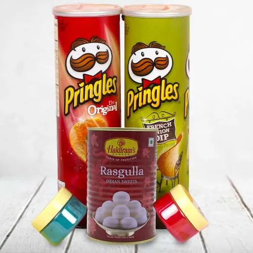 Special Haldiram Rasgulla with Pringle Chips n Herbal Gulal for Holi