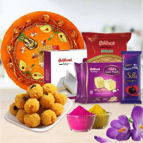 Superb Gift of Haldiram Treats with Cadbury Silk Heart n Gulal on Holi