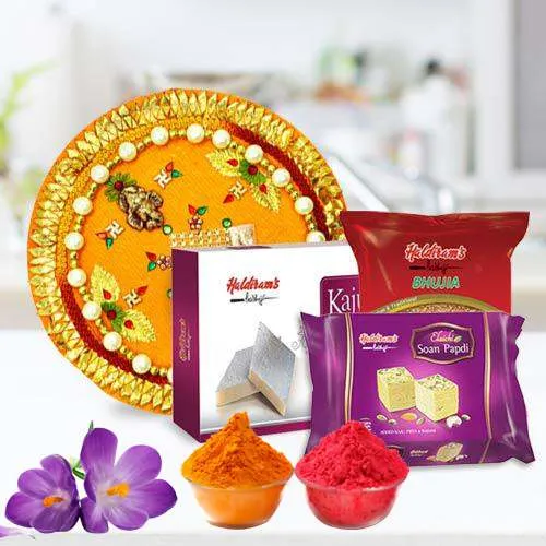 Pious Puja Thali with Haldiram Sweets Snacks n Gulal