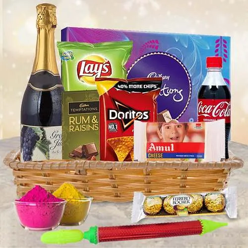 Delightful Holi Celebration Gourmet Basket with Pitchkari n Gulal