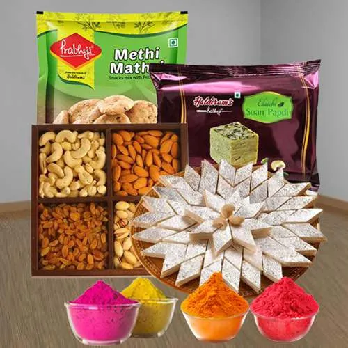 Exclusive Haldiram Delights N Dry Fruits Hamper with Herbal Gulal