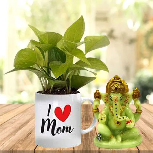 Distinctive Money Plant in Personalized Mug with Glowing Ganesha