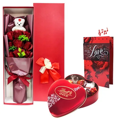 Magnificent Trio of Artificial Roses with Teddy Bouquet with Greeting Cards N Lindt Chocolate
