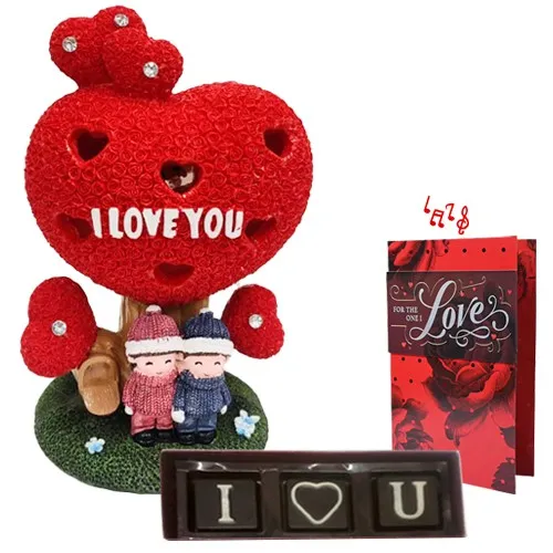 Romantic Couple Statue with Handmade Chocolate N Musical Greetings Card Combo