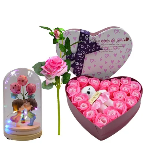 Stunning Heart Shape Roses N Teddy Box with Couple Showpiece N Pink Rose Stick