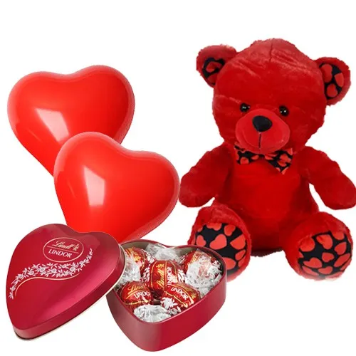 Cute Red Teddy with Lindt Chocolate N Red Heart Shape Balloons Gift Combo