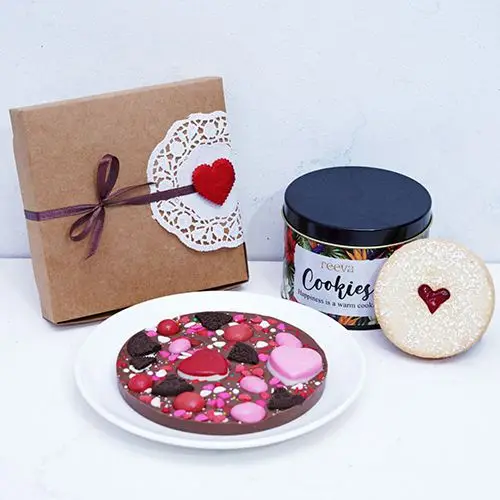 Tempting Chocolate Pizza N Cookie Tin Combo