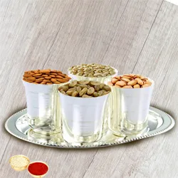 Crunchy mixed Dry Fruits with Silver  Glasses and Tray with free Roli Tilak and Chawal