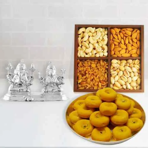 Dry Fruits with Kesaria Peda Ganesh Lakshmi Idol