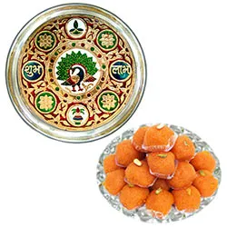 Delicious Haldirams Laddoo along with Subh Labh Stainless Steel Thali