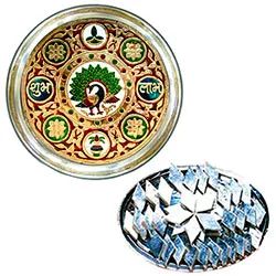 Marvelous Subh Labh Stainless Steel Thali with Haldirams Kaju Katli