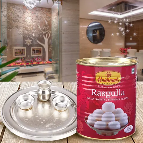 Delicious Haldirams Rasgulla with Silver Plated Puja Thali