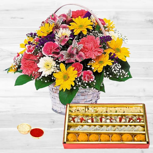 Mixed Flowers Basket with Assorted Sweets