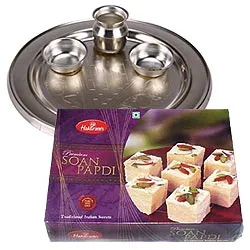 Exquisite Silver Plated Puja Thali with Haldirams Soan Papdi