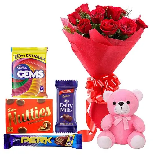 Chcolates with Red Roses N Teddy Combo