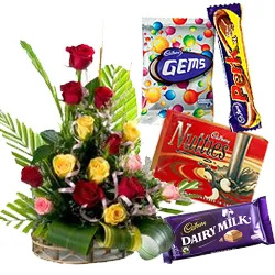 Beautiful Mixed Roses Arrangement with Assorted Cadbury Chocolates