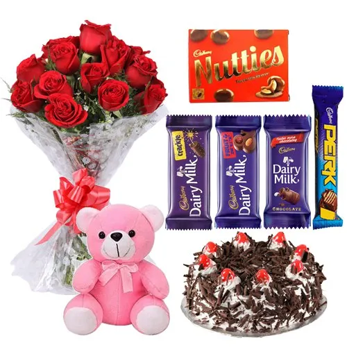 Teddy with Cake Assorted Cadbury Chocolates N Dutch Roses Bouquet