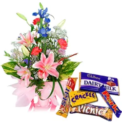 Breathtaking Mixed Flowers Arrangement with Mixed Cadbury Chocolates