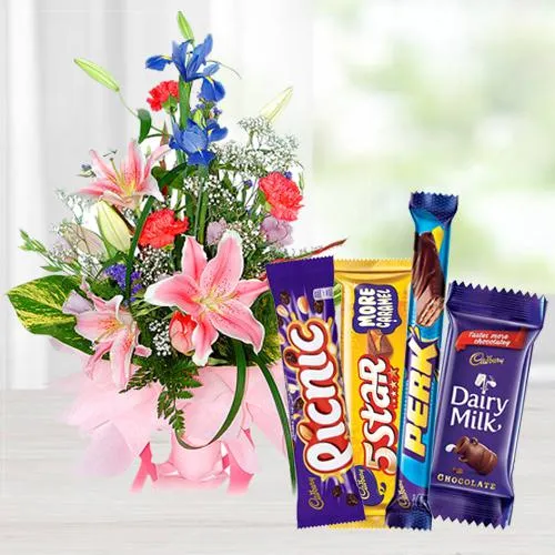 Charming Mixed Flowers Arrangement with Mixed Cadbury Chocolates