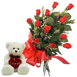 Remarkable Red Roses Bunch with Teddy