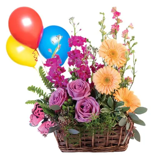 Balloons N Flowers Arranged in a Basket